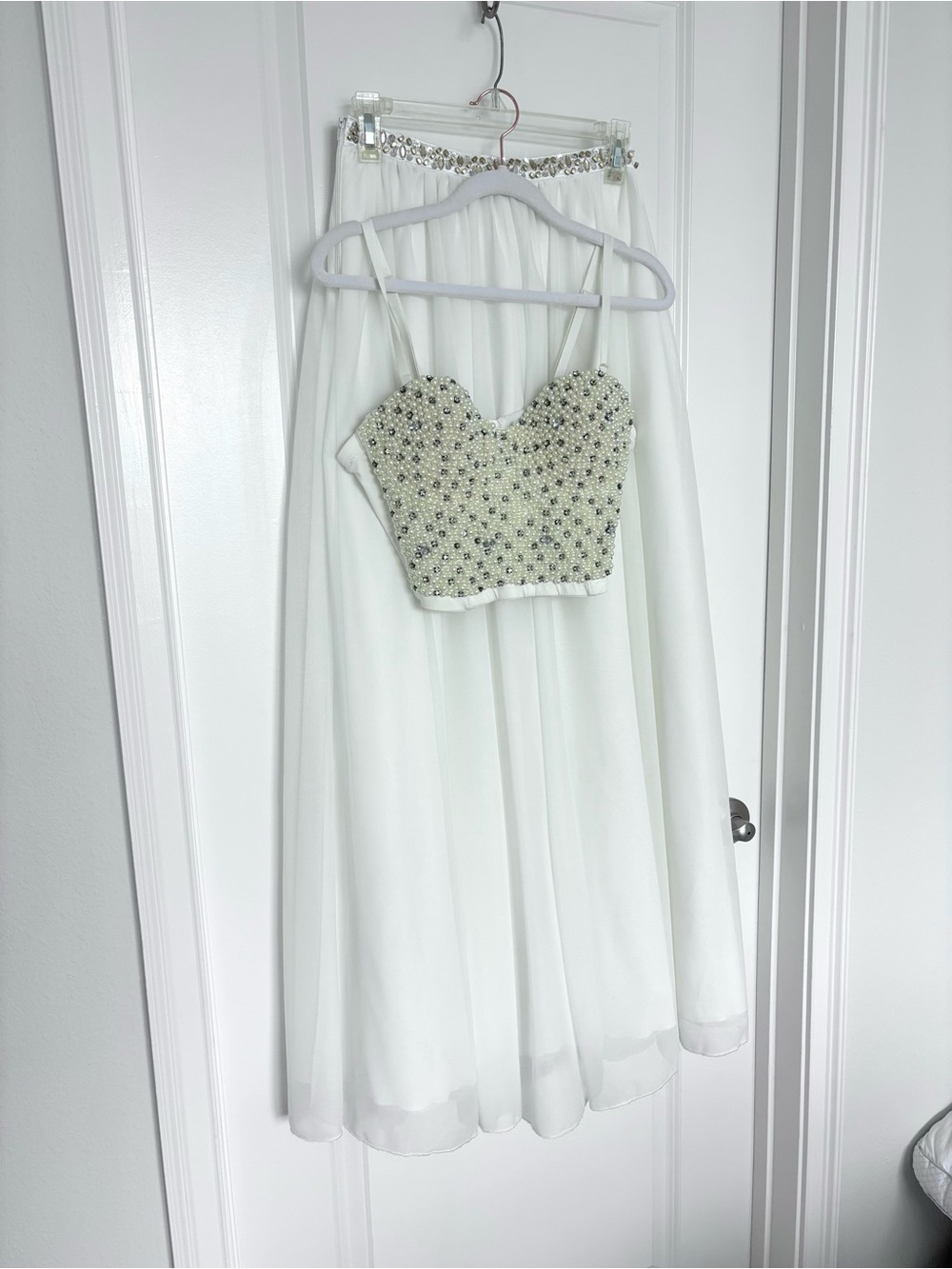 Pearl Bustier Crop Top & Windsor Beaded White Maxi Skirt Set XS Formal Coquette